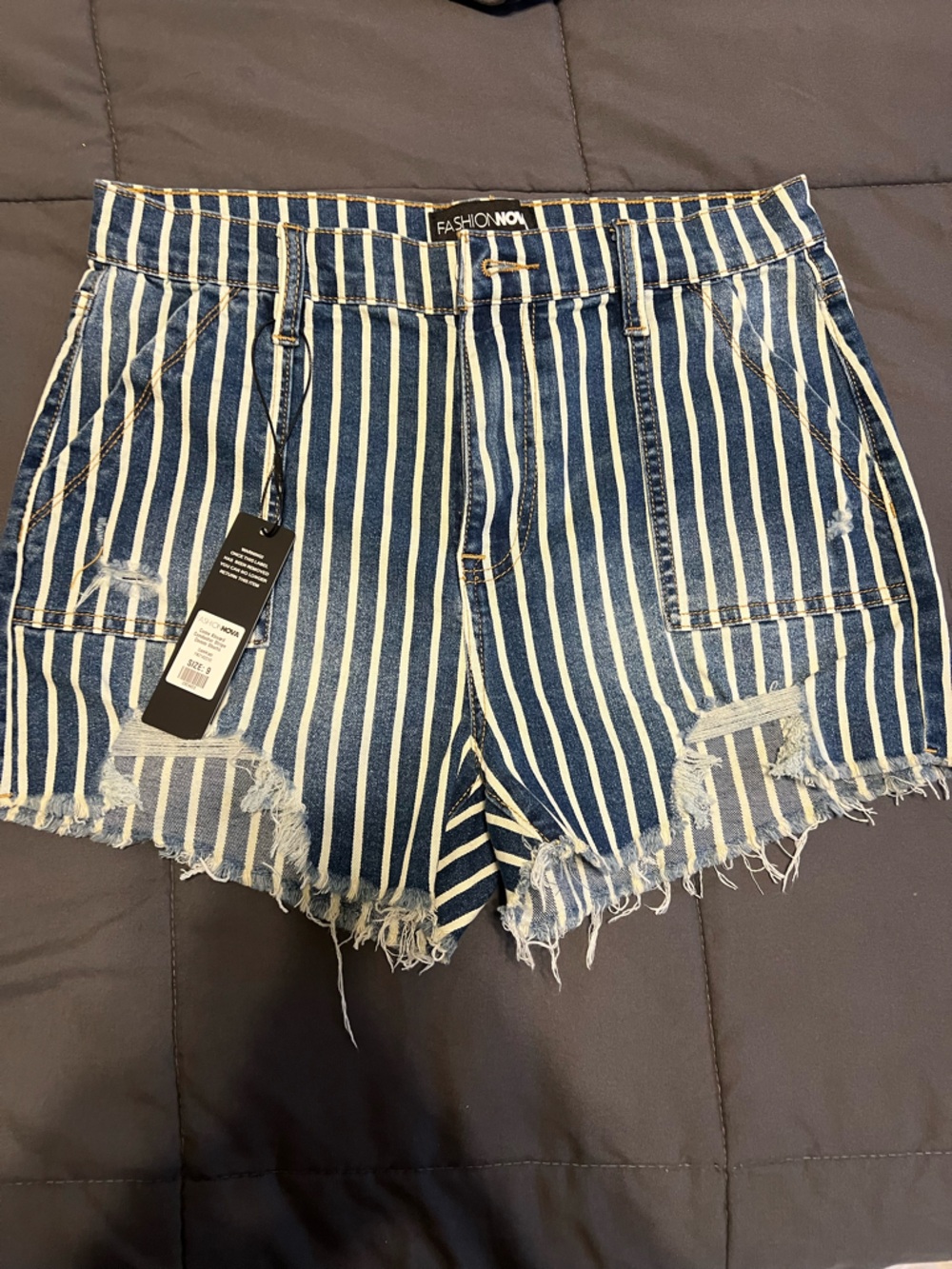 Fashion Nova Blue & White Striped Distressed Denim Shorts